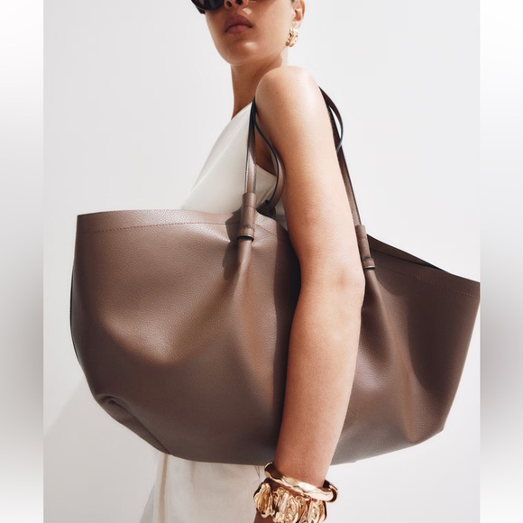 H&M brown large tote shoulder bag faux leather shopper bag with mini pouch - Picture 2 of 7